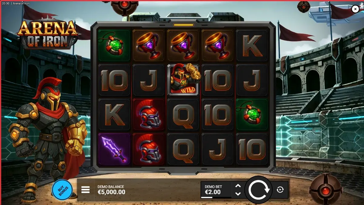 Arena of Iron slot machine interface with futuristic robot gladiator theme