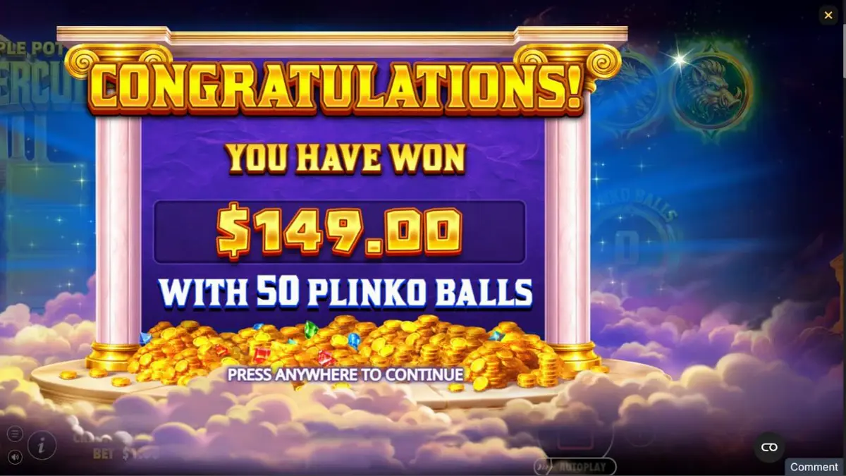 Tampilan visual slot Triple Pot Plinko – Hercules dengan latar belakang Gunung Olympus